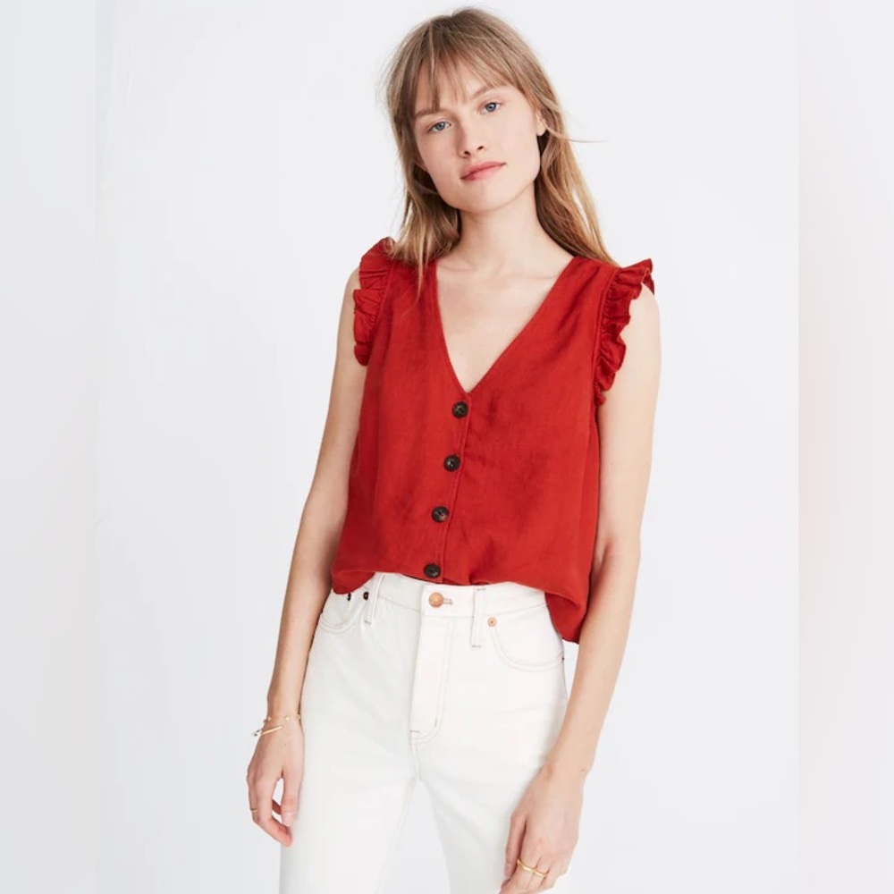 Madewell Linen-Blend Ruffle Button-Front Tank in Rust Color, Size 2
